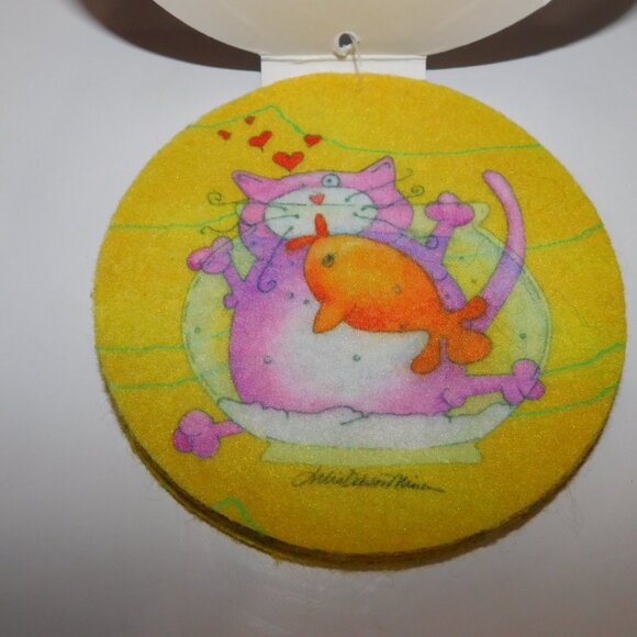 VTG 4 Drymate Super Absorbent Round Drink Coaster Cat Fish Bowl NEW Yellow - Picture 5 of 5